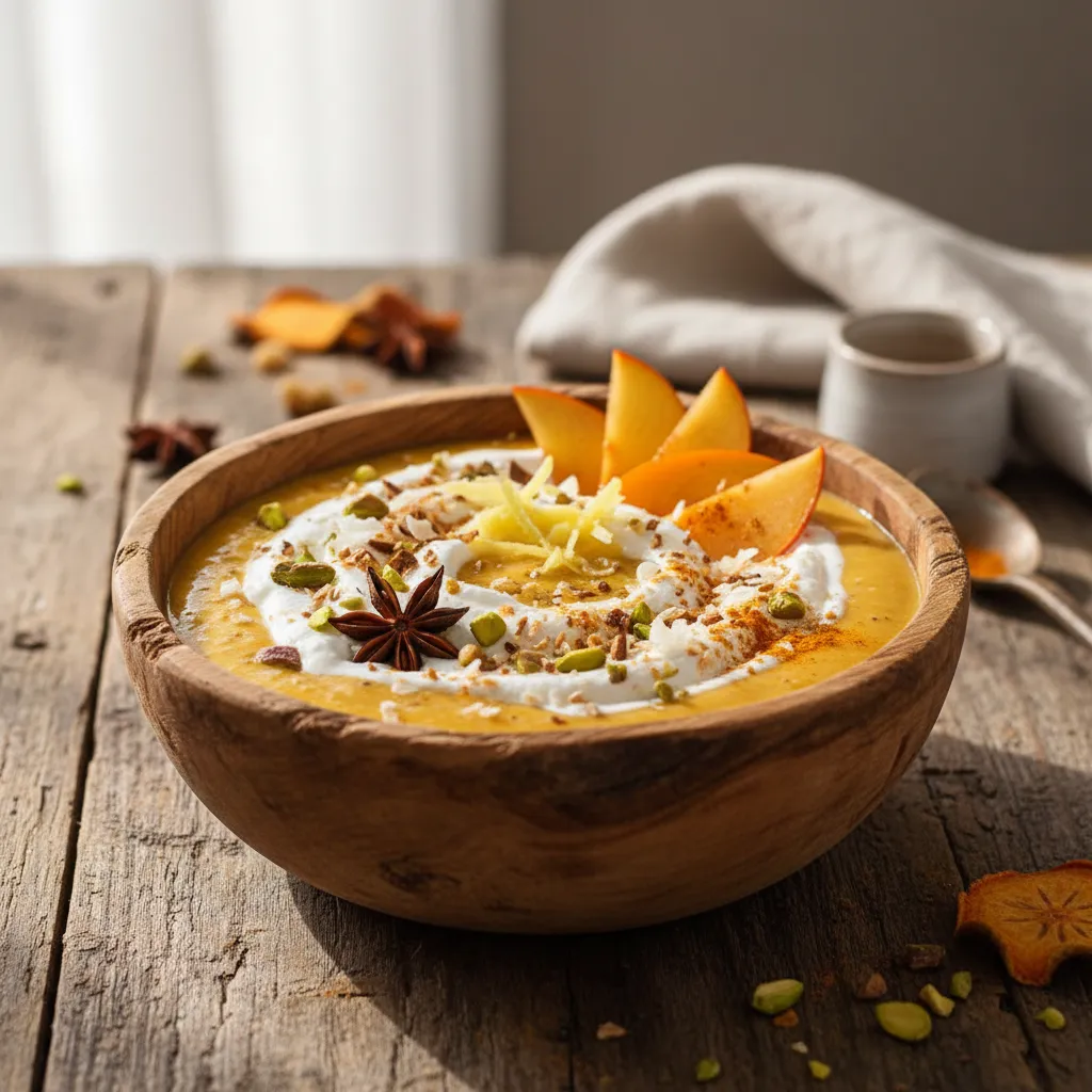 Spiced Persimmon and Ginger Turmeric Smoothie Bowl with Coconut Whip