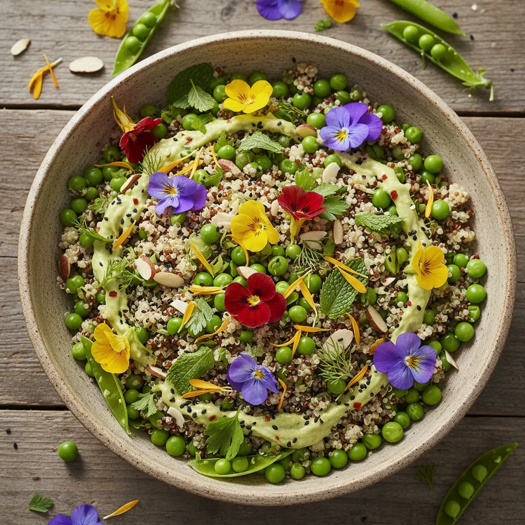 Spiced Spring Pea and Edible Flower Quinoa Salad