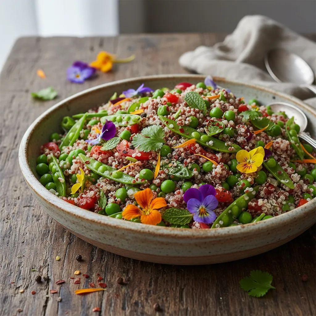 Spiced Spring Pea and Edible Flower Quinoa Salad