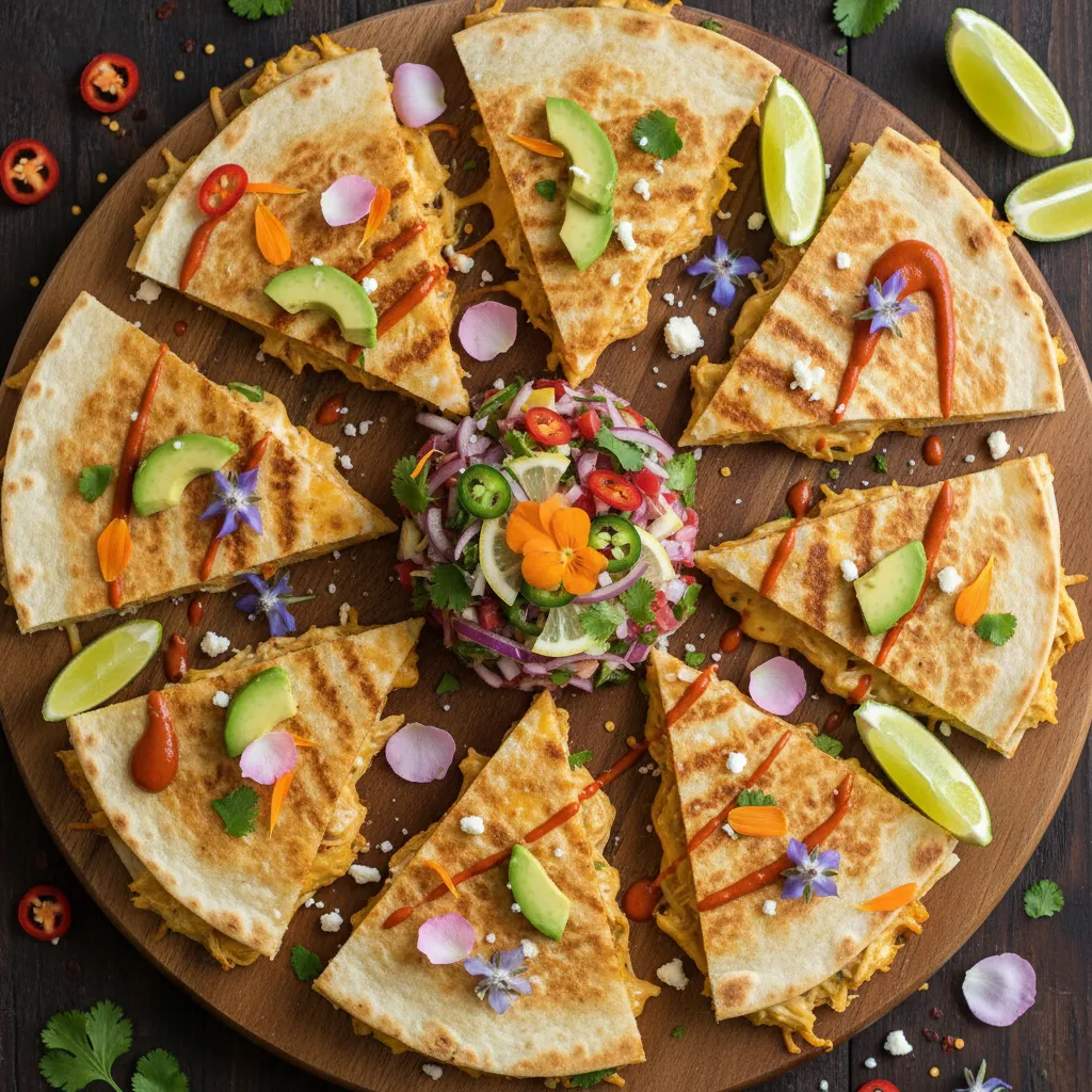 Spicy Avocado Jackfruit Quesadillas with Edible Flower Salsa