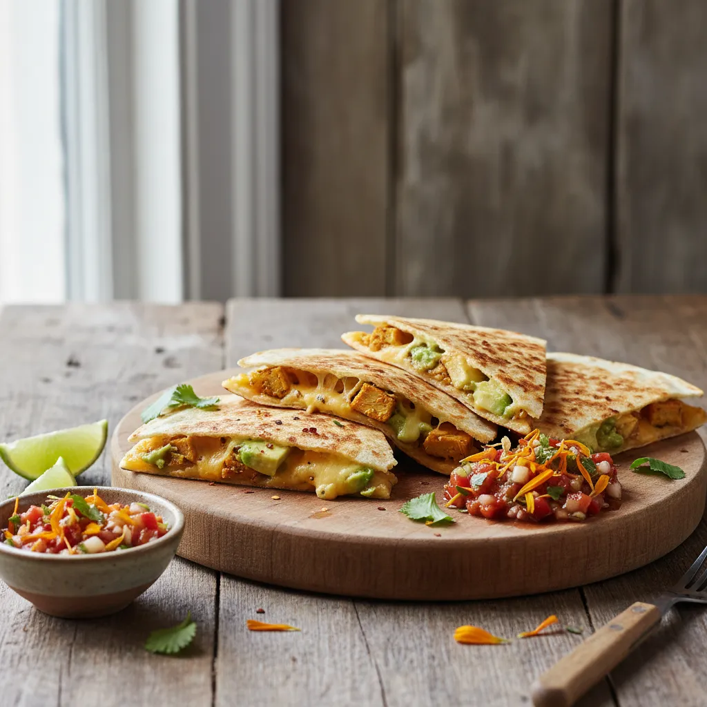 Spicy Avocado Jackfruit Quesadillas with Edible Flower Salsa