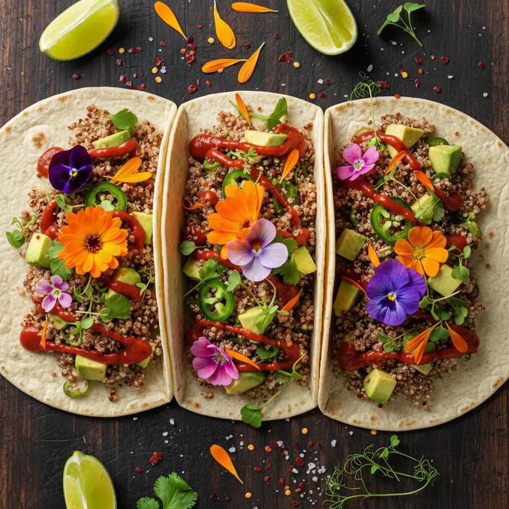 Spicy Avocado and Edible Flower Quinoa Tacos