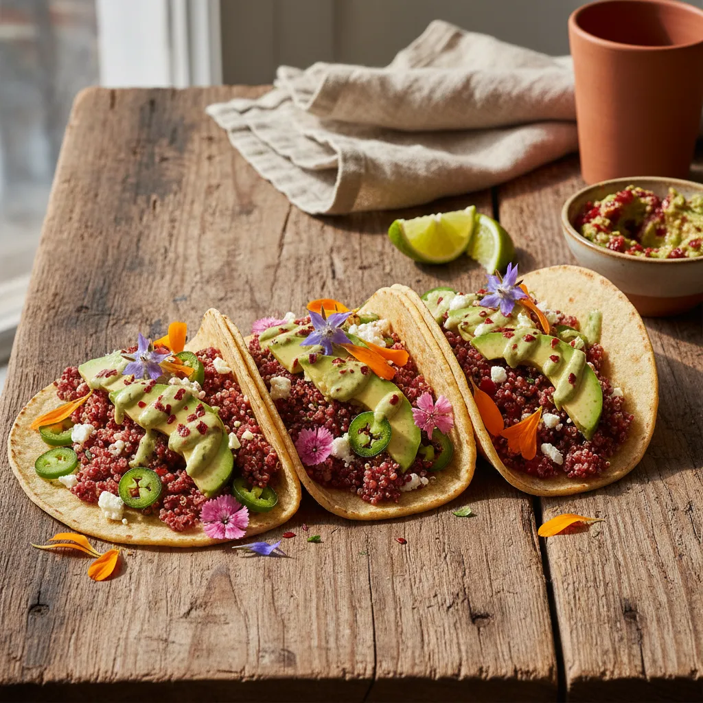 Spicy Avocado and Edible Flower Quinoa Tacos