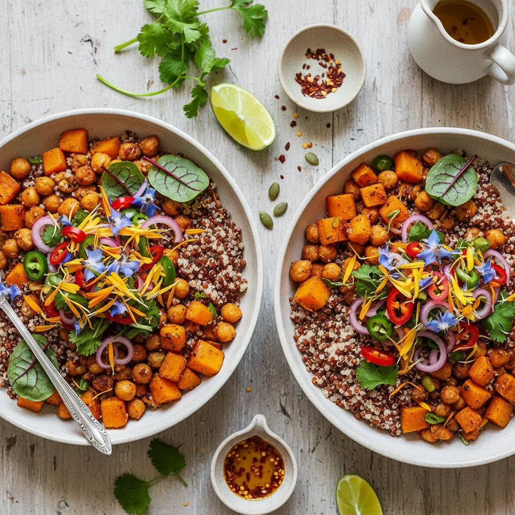 Spicy Butternut Squash & Chickpea Quinoa Bowls with Edible Flower Salsa