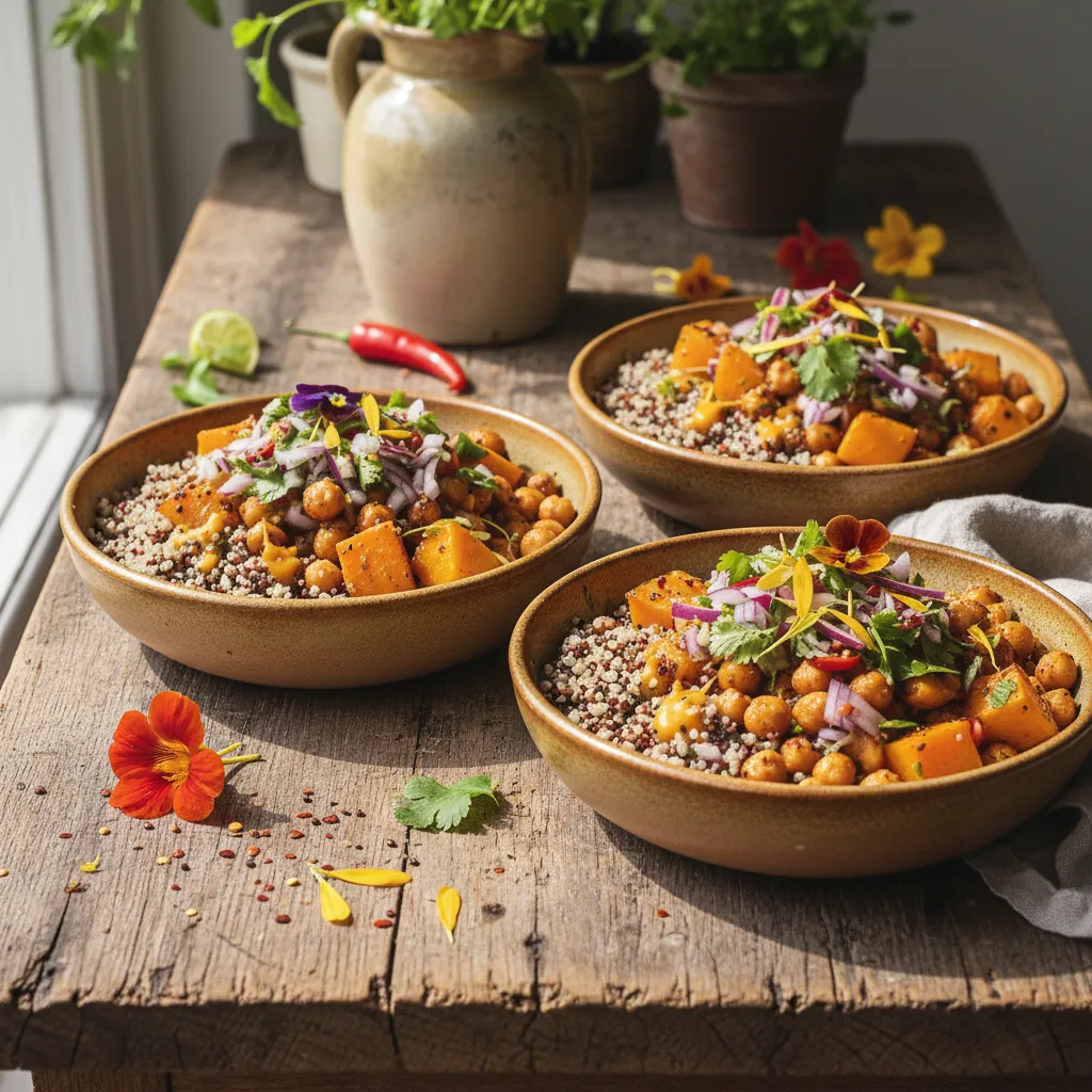 Spicy Butternut Squash & Chickpea Quinoa Bowls with Edible Flower Salsa