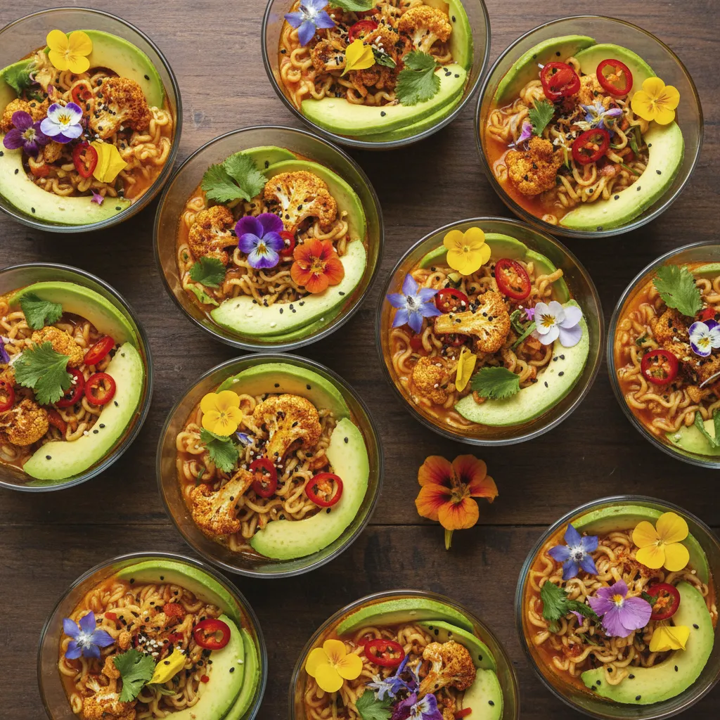 Spicy Cauliflower Ramen Cups with Avocado and Edible Flowers