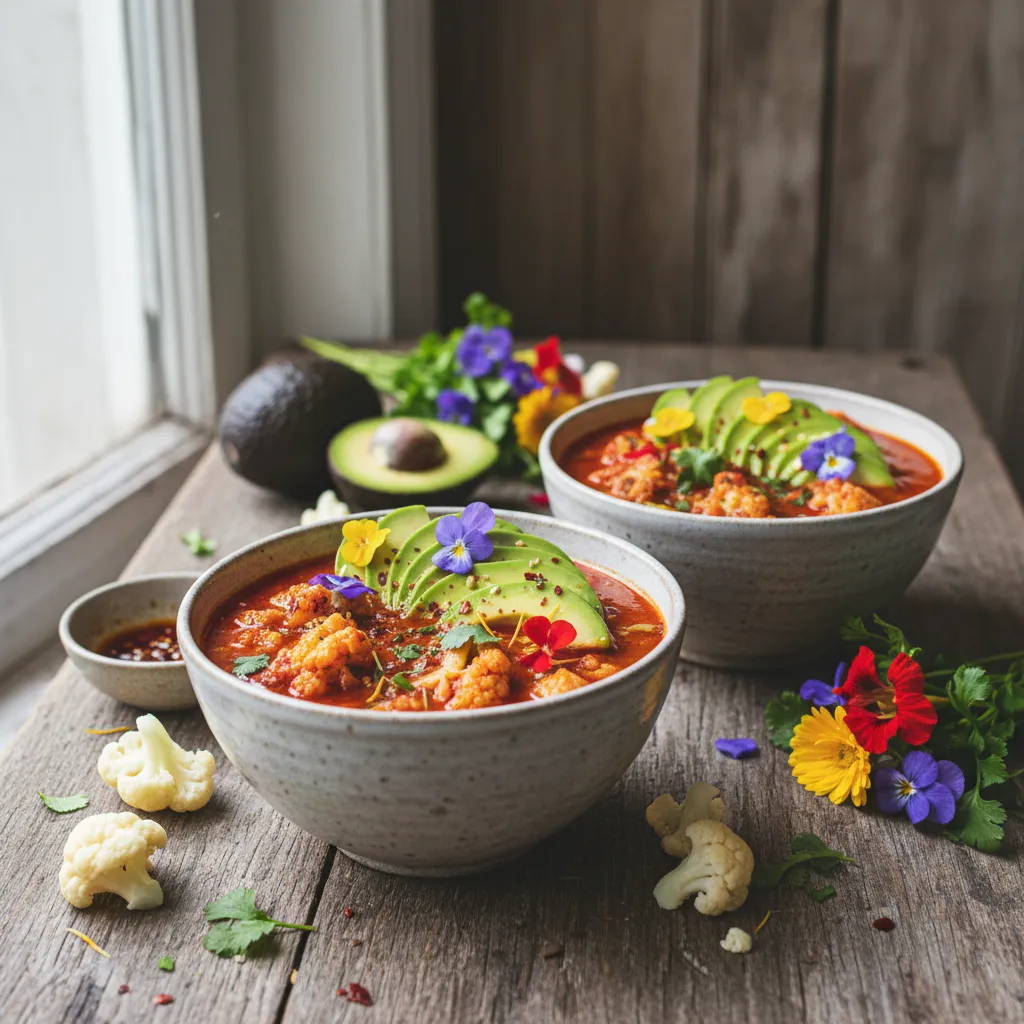 Spicy Cauliflower Ramen Cups with Avocado and Edible Flowers