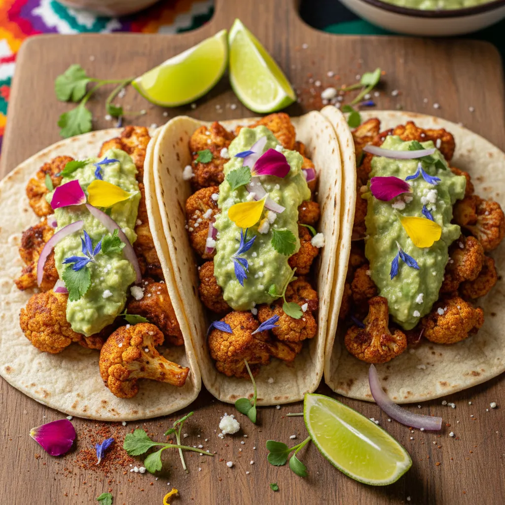 Spicy Cauliflower Tacos with Avocado-Lime Edible Flower Salsa