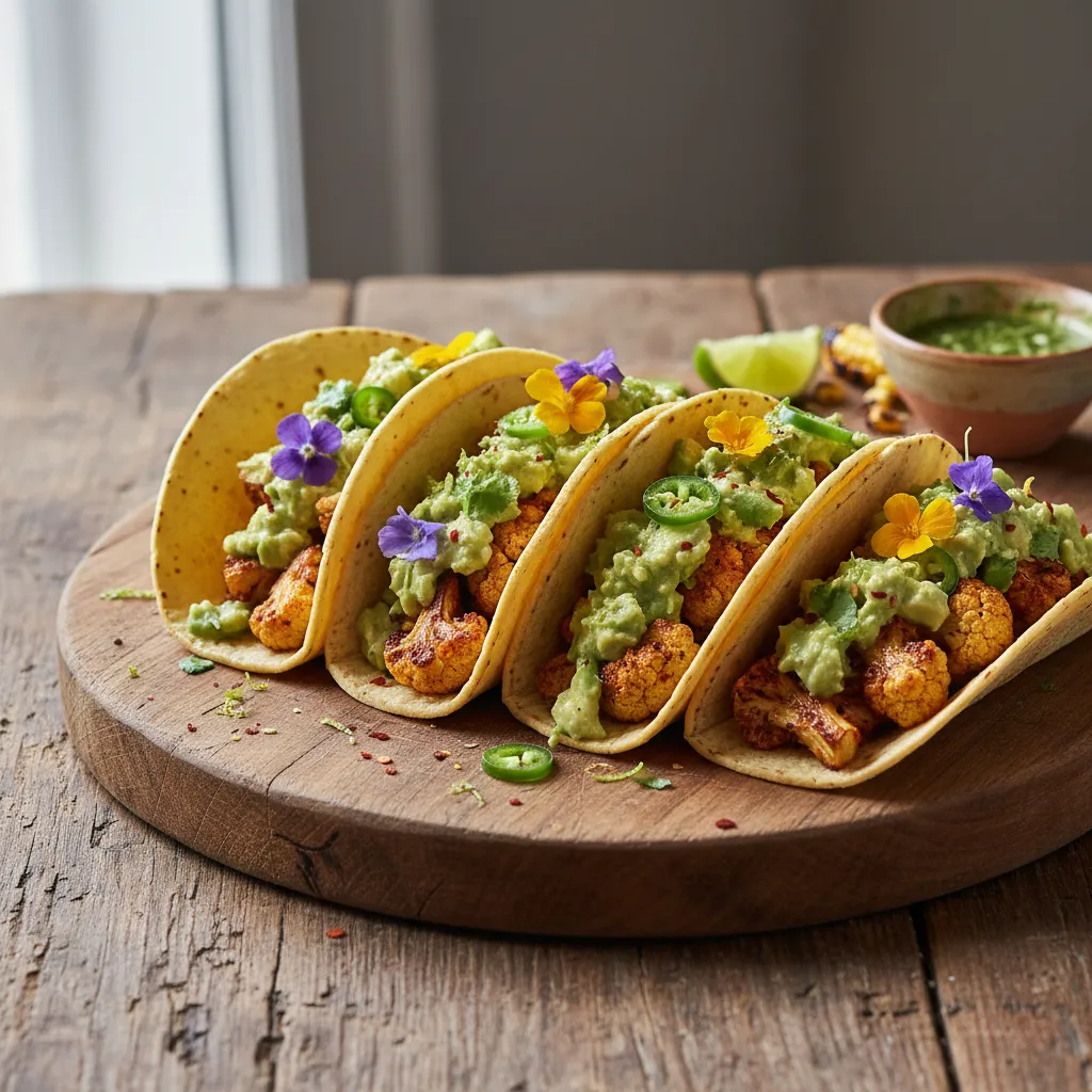 Spicy Cauliflower Tacos with Avocado-Lime Edible Flower Salsa