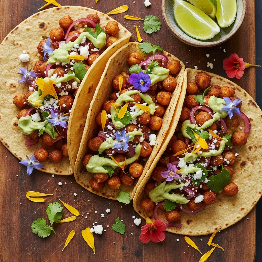 Spicy Chickpea and Edible Flower Tacos with Avocado Lime Drizzle