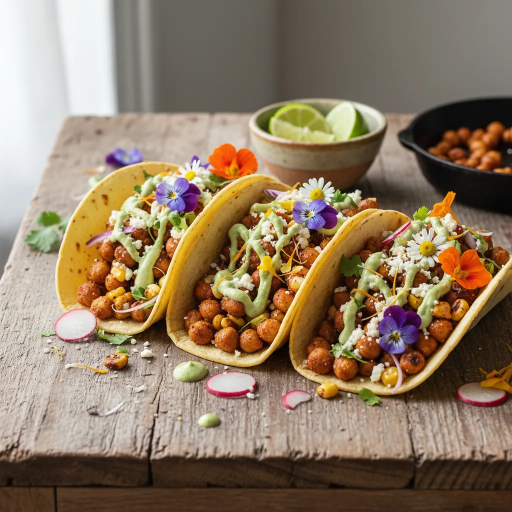 Spicy Chickpea and Edible Flower Tacos with Avocado Lime Drizzle