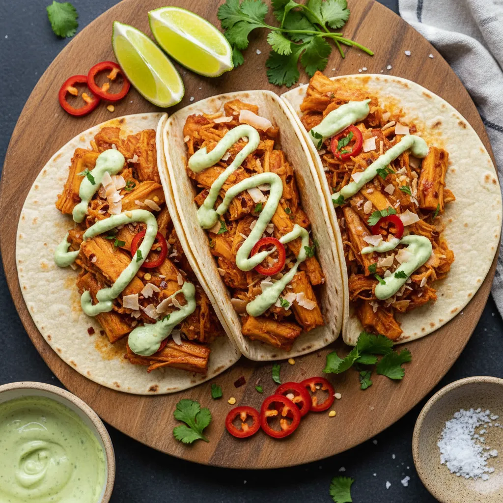 Spicy Coconut Jackfruit Tacos with Avocado Lime Drizzle