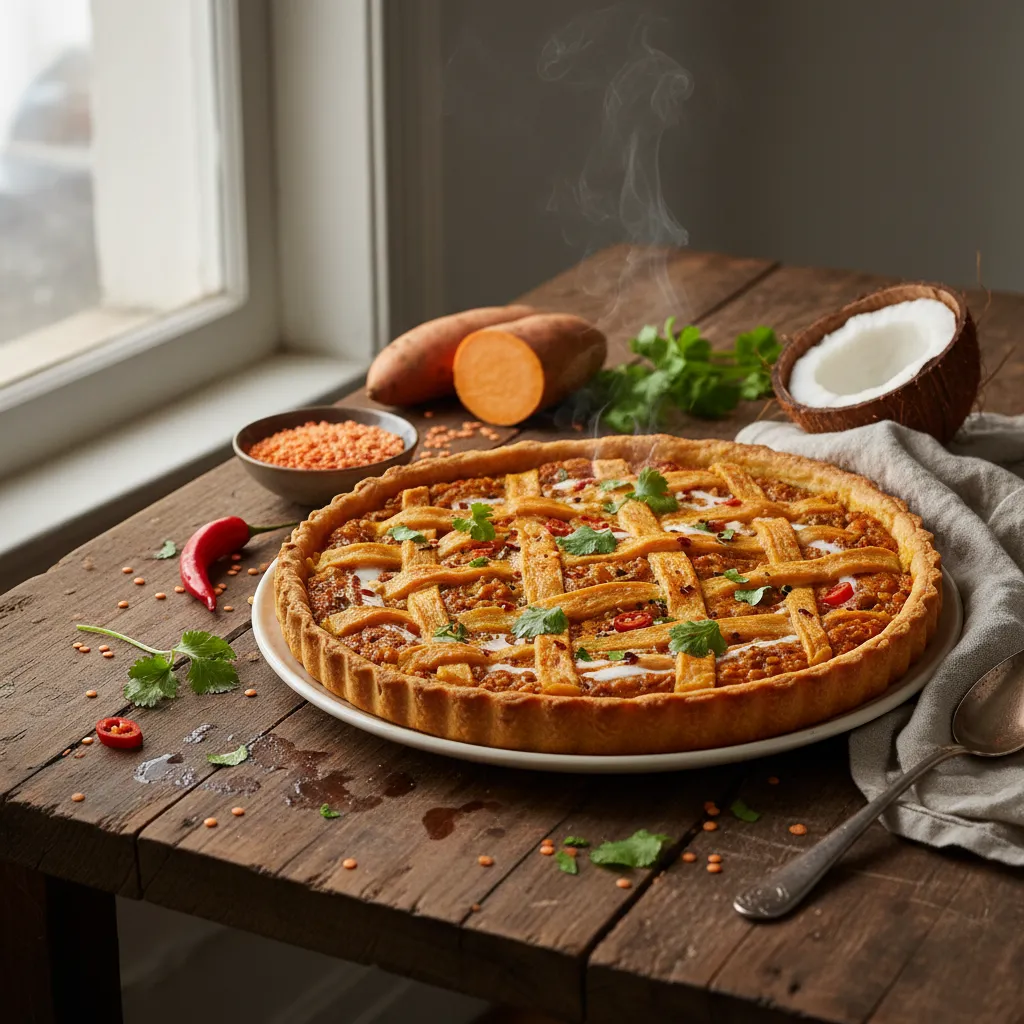 Spicy Coconut Lentil Curry Tart with Sweet Potato Crust