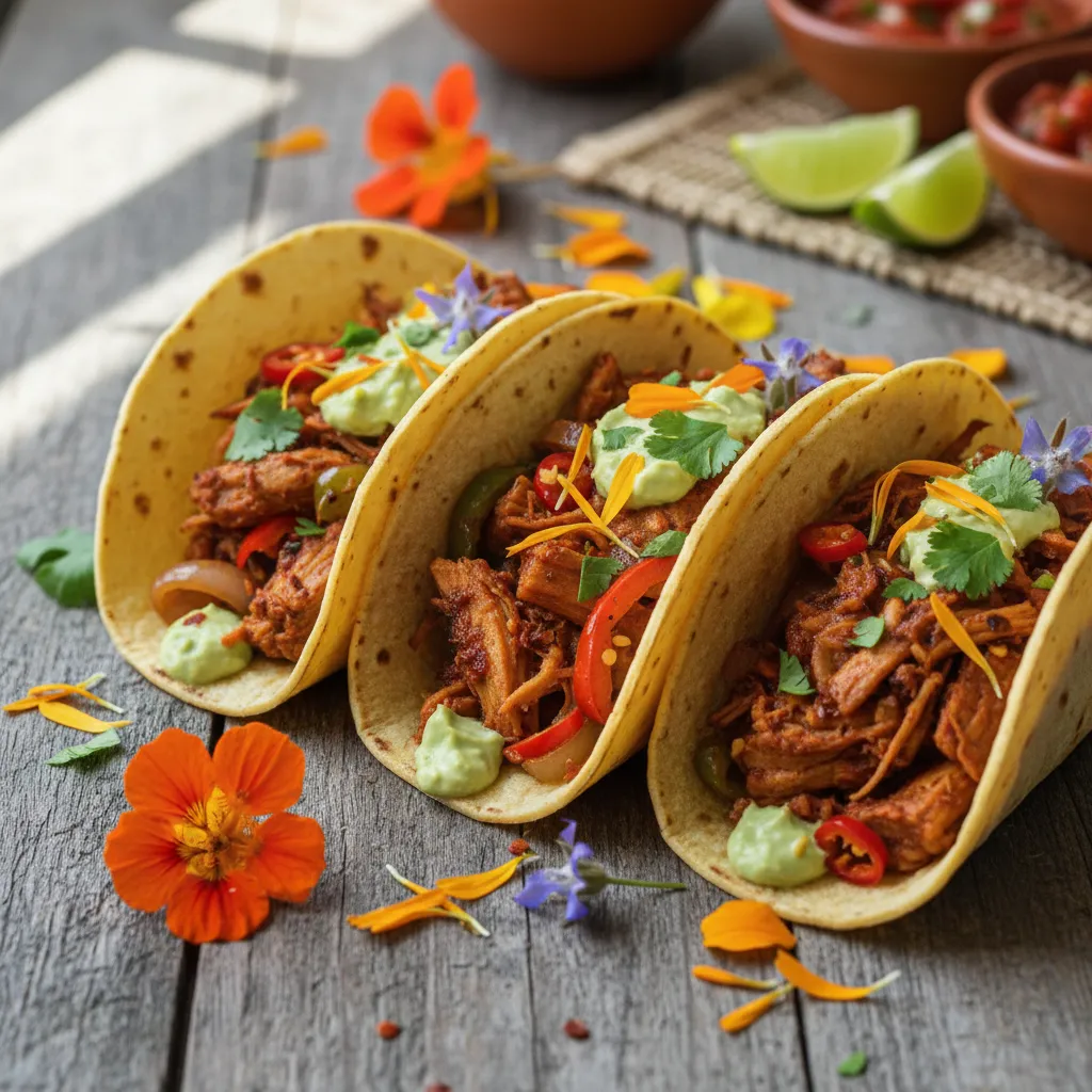 Spicy Jackfruit & Edible Flower Fajita Tacos