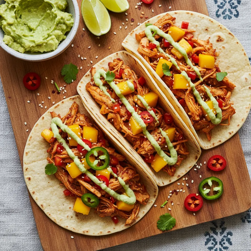 Spicy Mango Jackfruit Tacos with Avocado Lime Drizzle