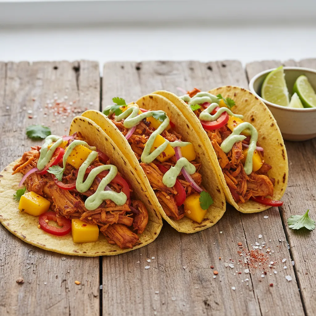 Spicy Mango Jackfruit Tacos with Avocado Lime Drizzle