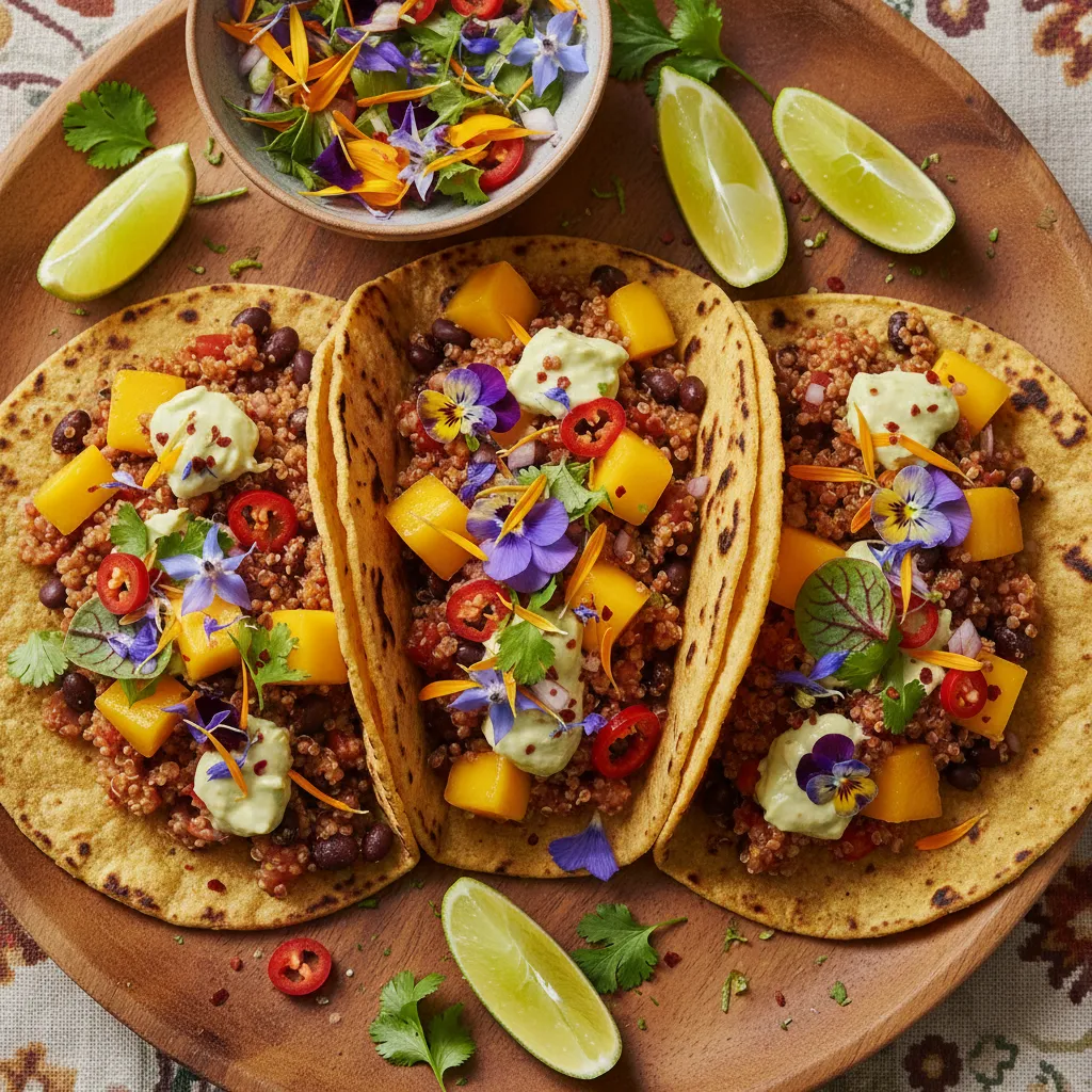 Spicy Mango Quinoa Tacos with Edible Flower Salsa