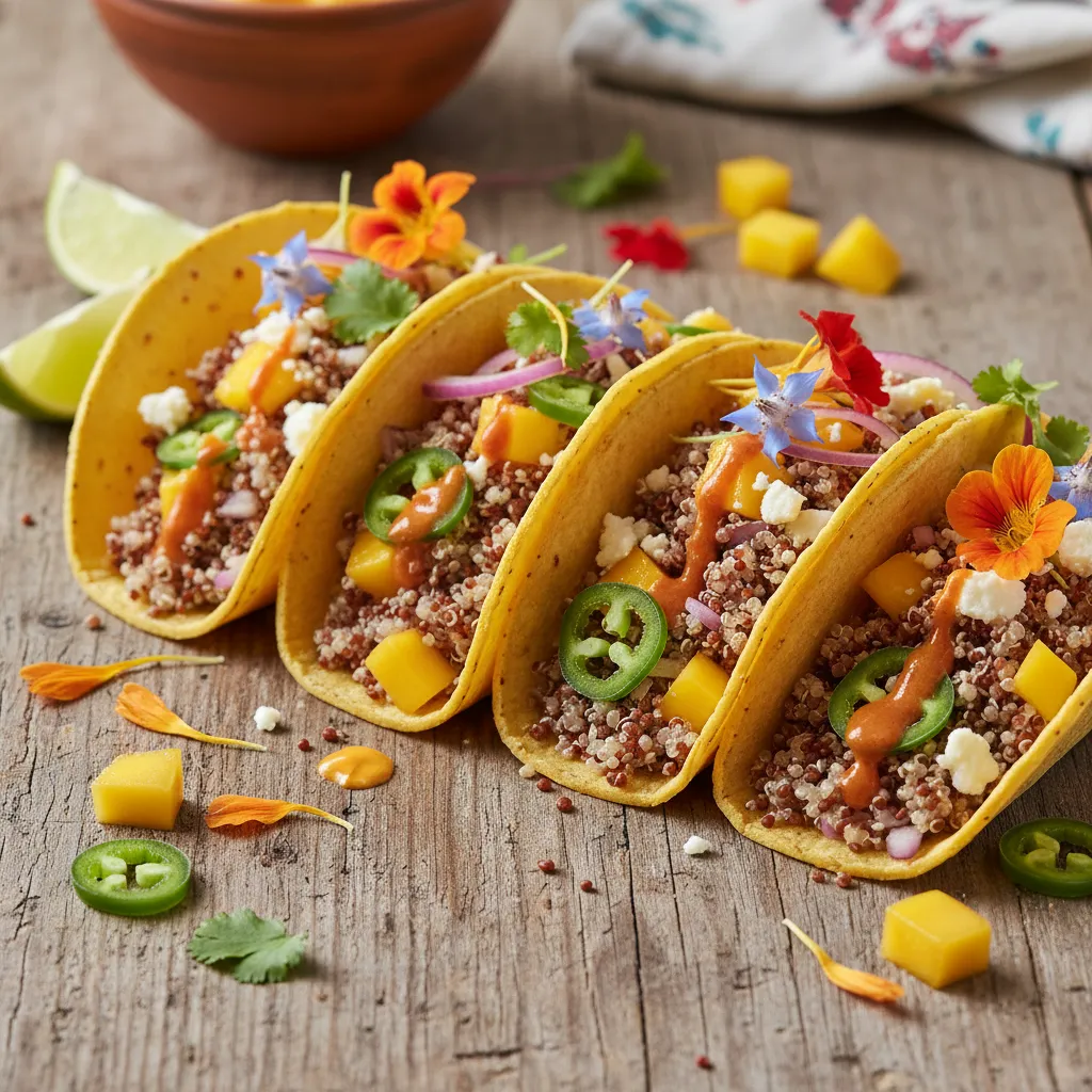 Spicy Mango Quinoa Tacos with Edible Flower Salsa
