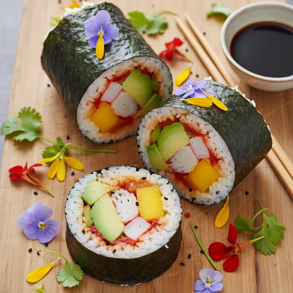 Spicy Mango and Avocado Sushi Burrito with Edible Flower Garnish