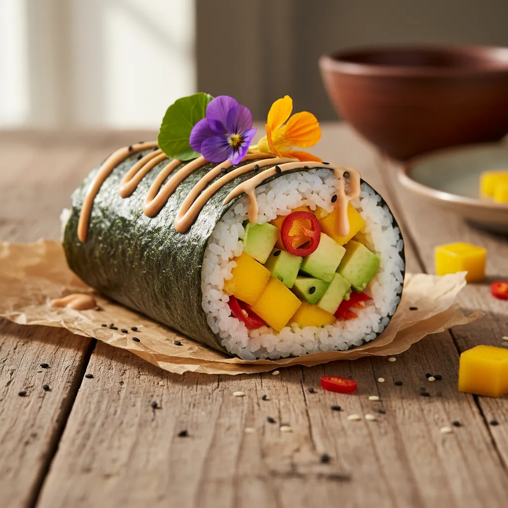 Spicy Mango and Avocado Sushi Burrito with Edible Flower Garnish