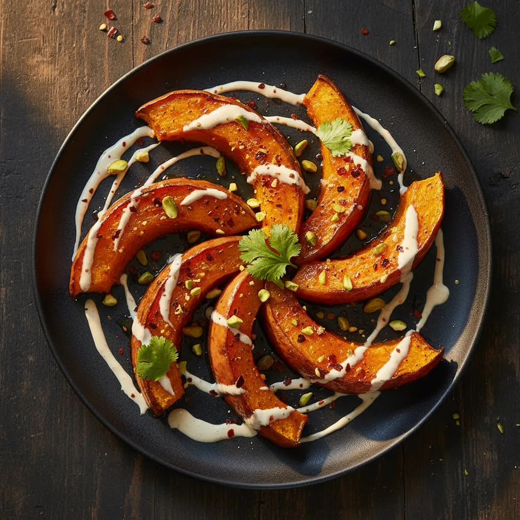 Spicy Maple-Cinnamon Roasted Pumpkin Wedges with Tahini Drizzle