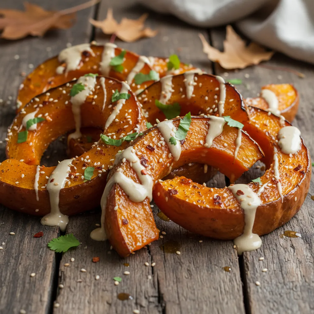 Spicy Maple-Cinnamon Roasted Pumpkin Wedges with Tahini Drizzle