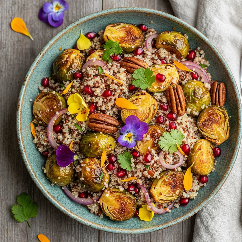 Spicy Maple Roasted Brussels Sprouts and Quinoa Salad with Edible Flower Garnish