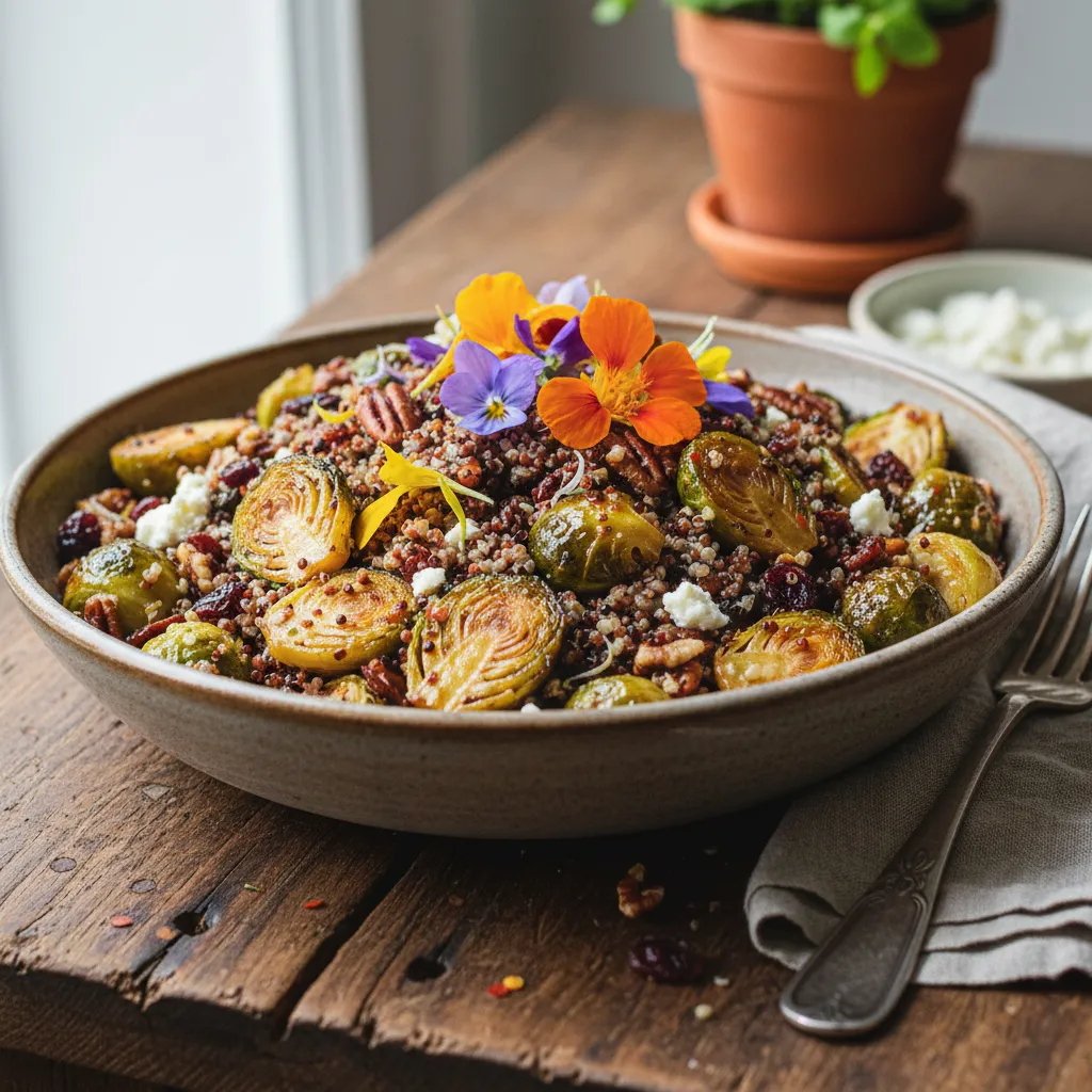 Spicy Maple Roasted Brussels Sprouts and Quinoa Salad with Edible Flower Garnish