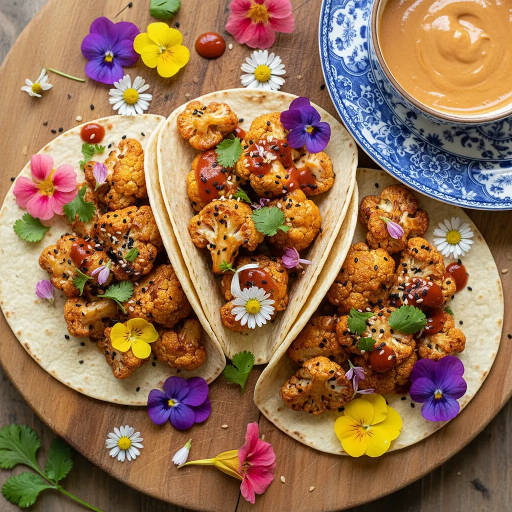 Spicy Maple Tahini Cauliflower Tacos with Edible Flowers