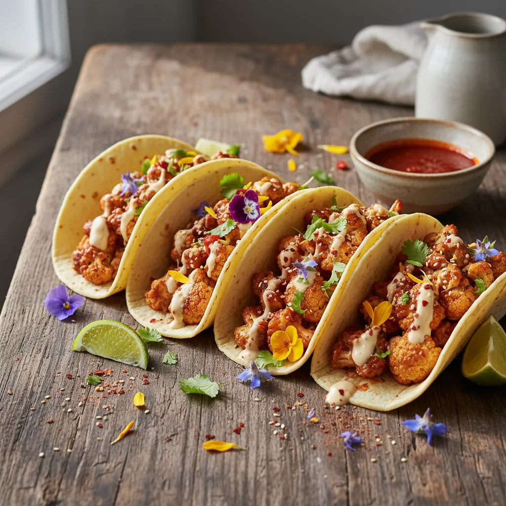 Spicy Maple Tahini Cauliflower Tacos with Edible Flowers