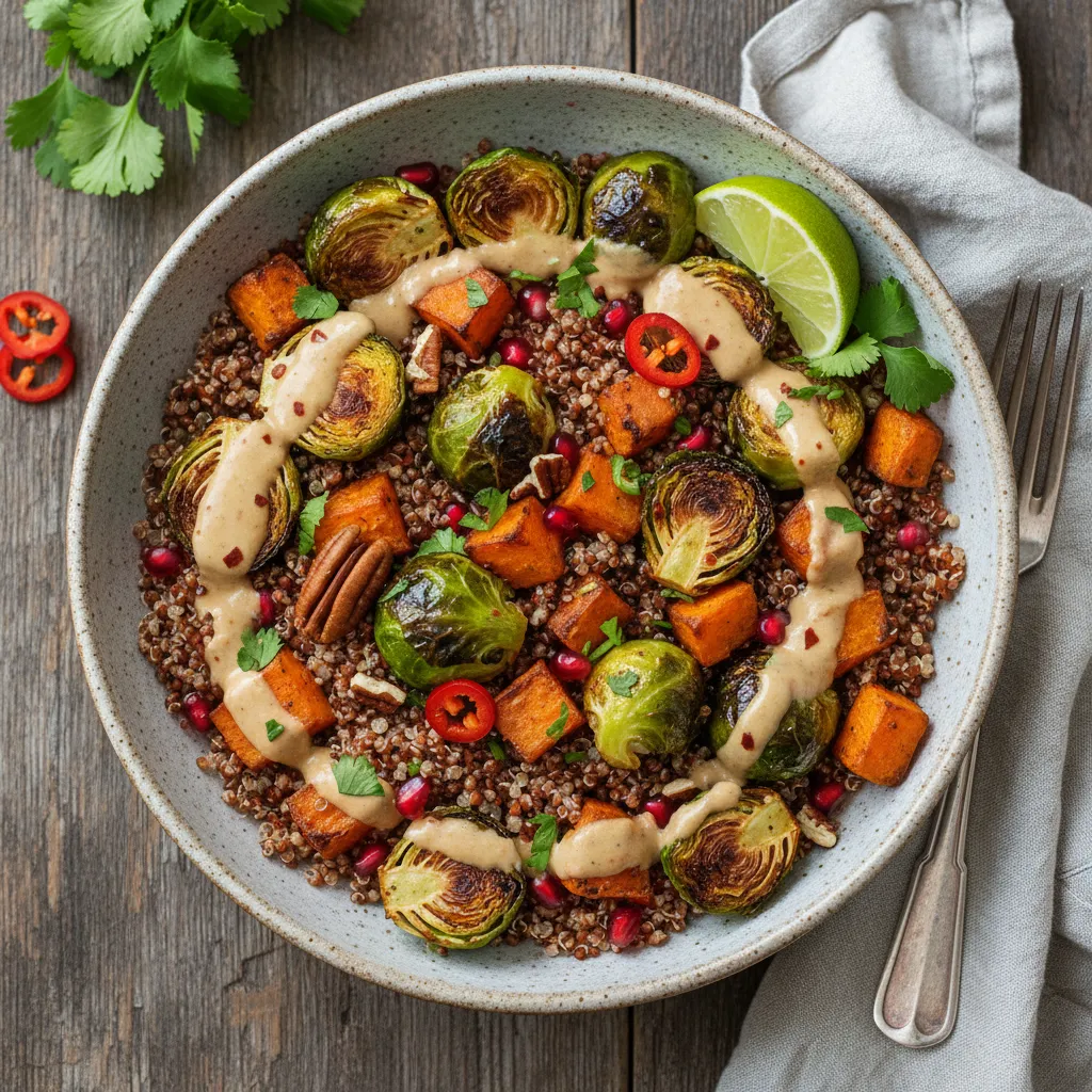 Spicy Maple Tahini Quinoa Bowl with Roasted Brussels Sprouts