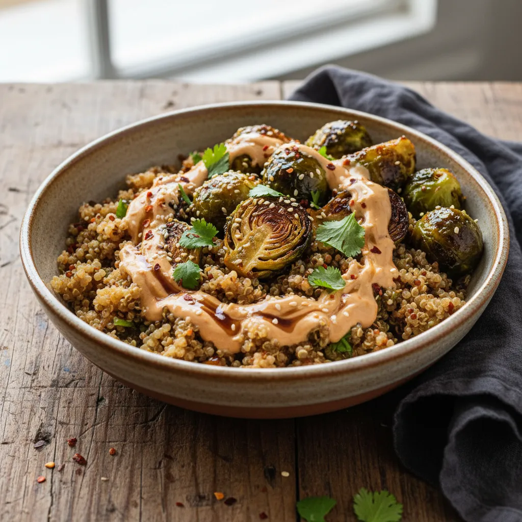 Spicy Maple Tahini Quinoa Bowl with Roasted Brussels Sprouts