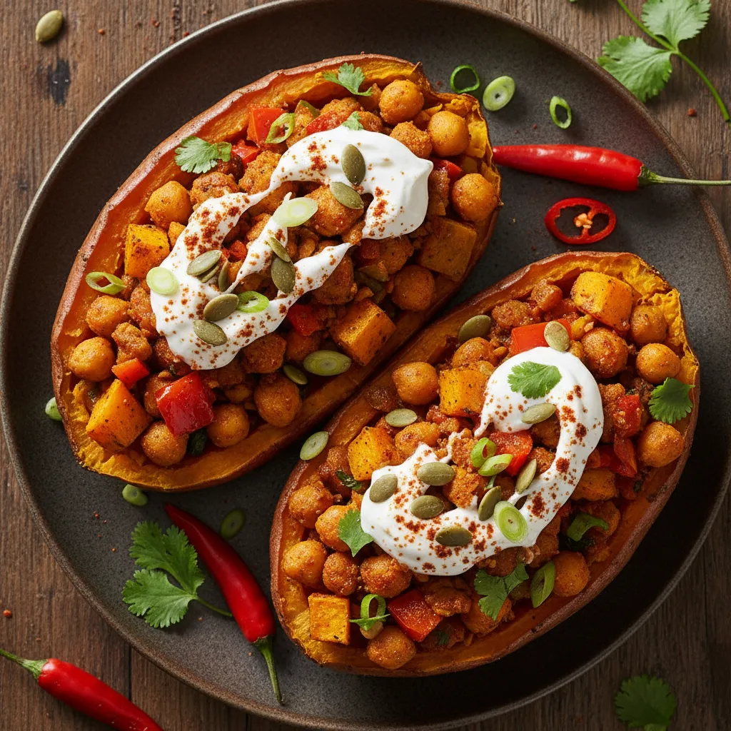 Spicy Pumpkin and Chickpea Stuffed Sweet Potatoes