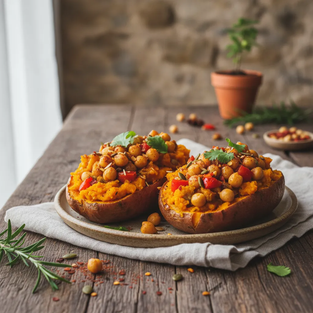 Spicy Pumpkin and Chickpea Stuffed Sweet Potatoes