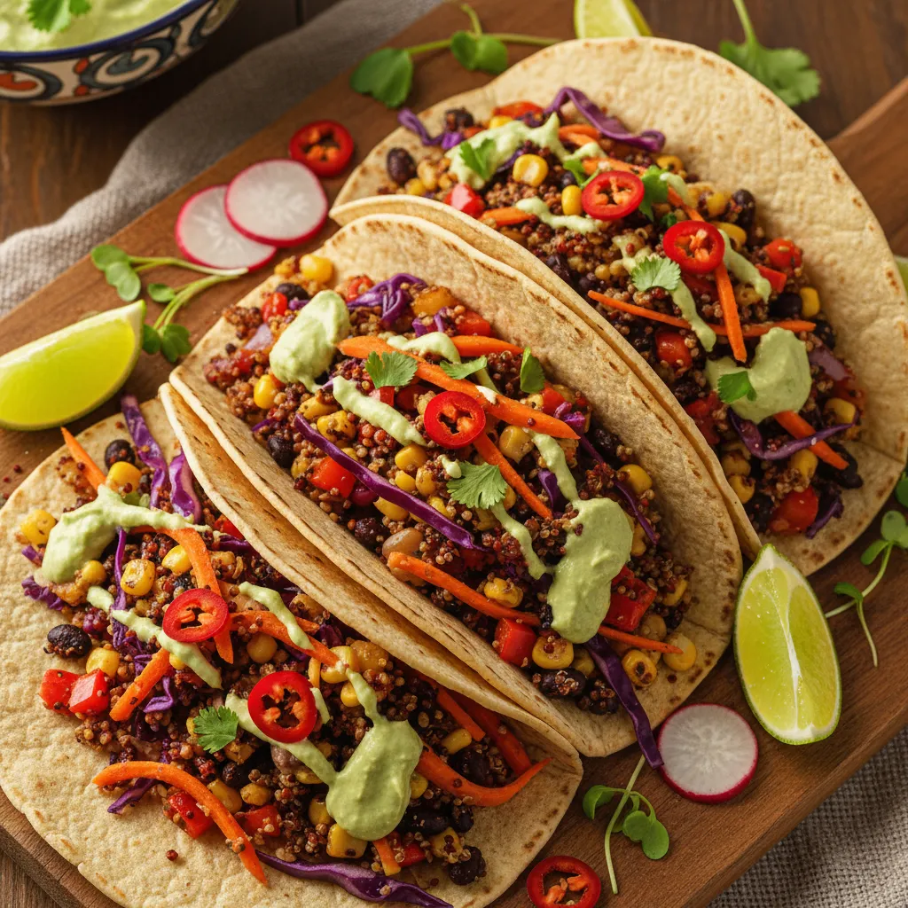 Spicy Rainbow Vegetable Quinoa Tacos with Avocado Cream