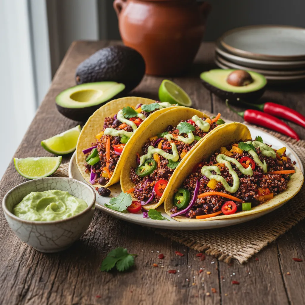Spicy Rainbow Vegetable Quinoa Tacos with Avocado Cream