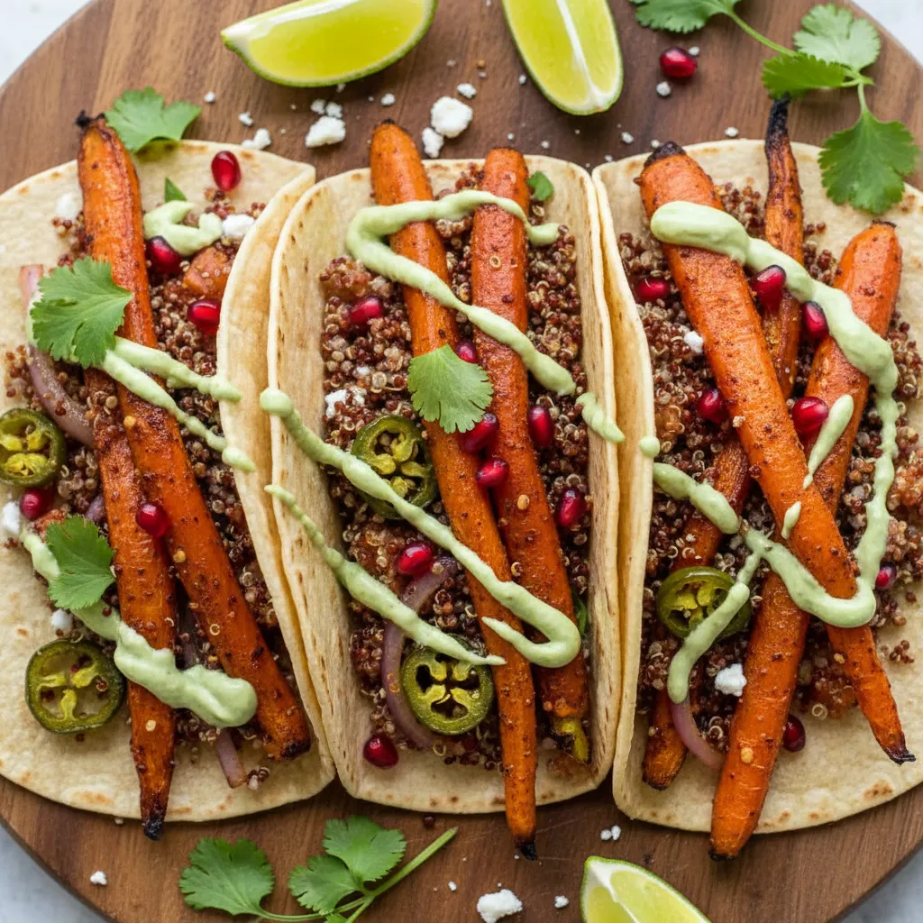 Spicy Roasted Carrot and Quinoa Tacos with Avocado Cilantro Cream