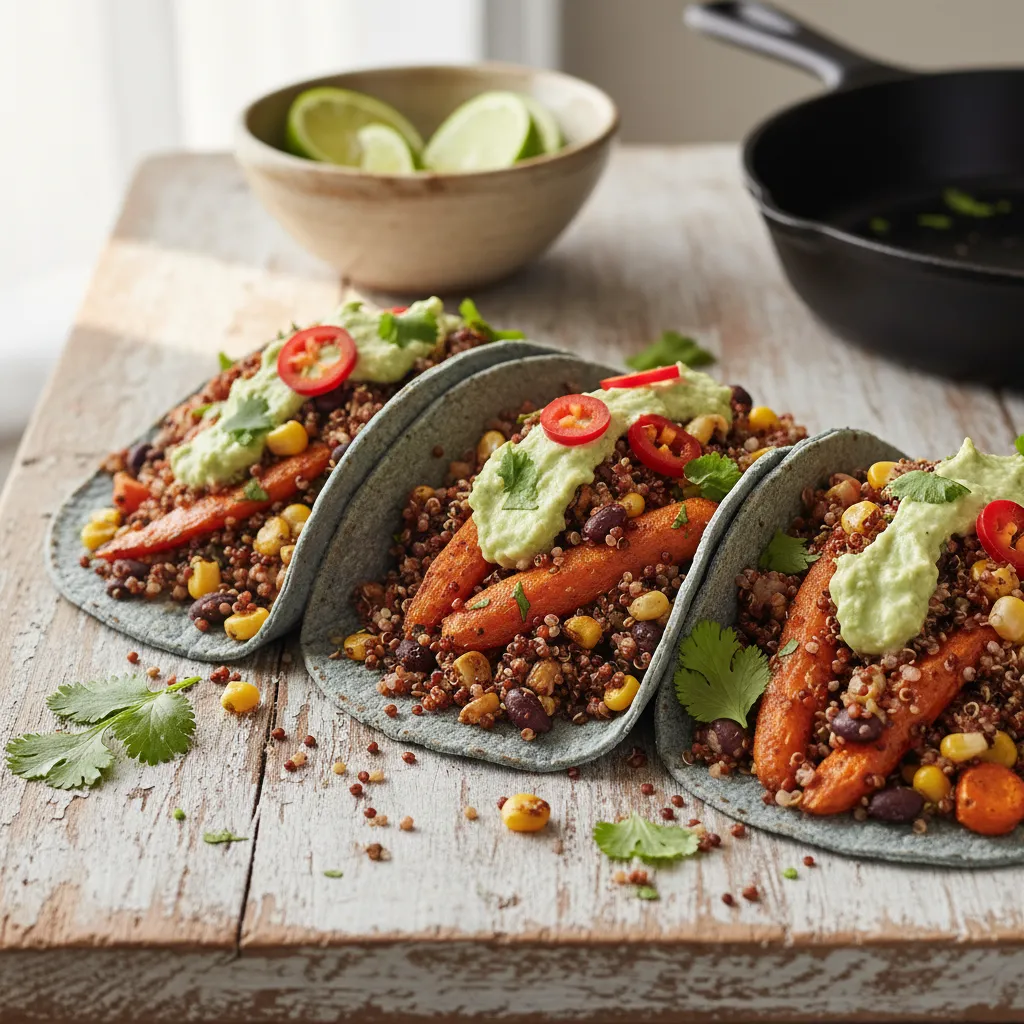 Spicy Roasted Carrot and Quinoa Tacos with Avocado Cilantro Cream