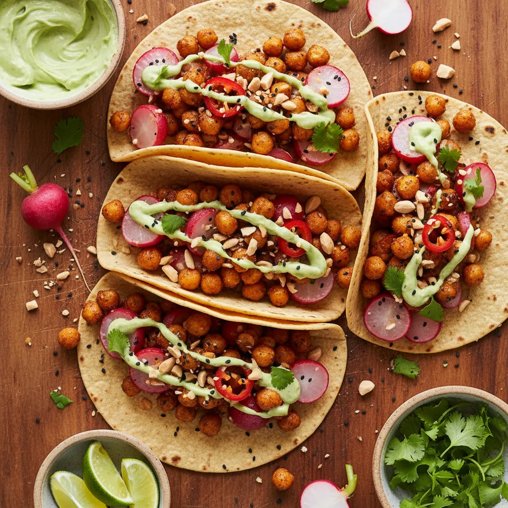 Spicy Roasted Radish and Chickpea Tacos with Avocado Miso Cream