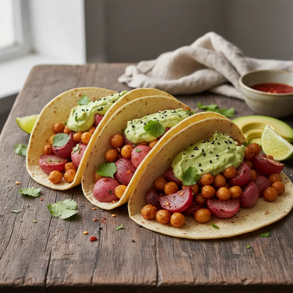 Spicy Roasted Radish and Chickpea Tacos with Avocado Miso Cream