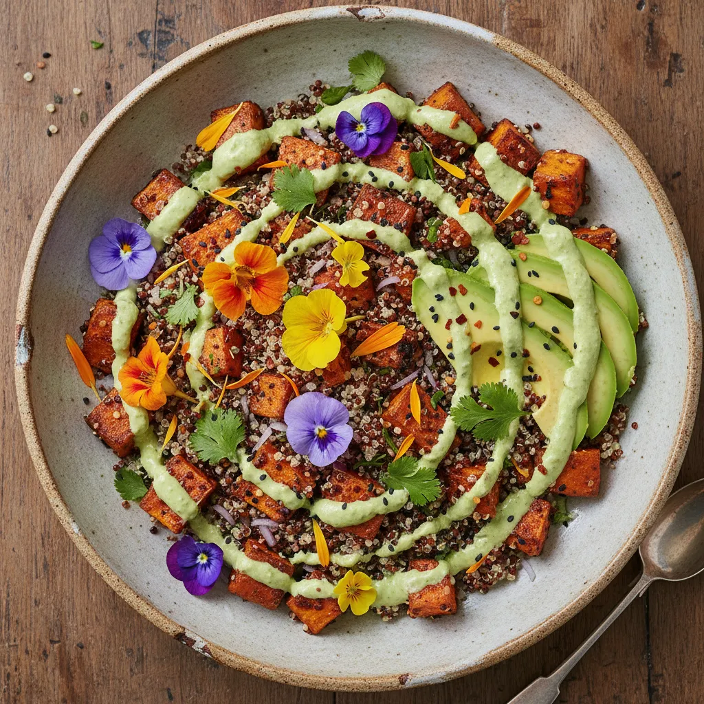 Spicy Sweet Potato and Edible Flower Quinoa Salad with Avocado Lime Drizzle