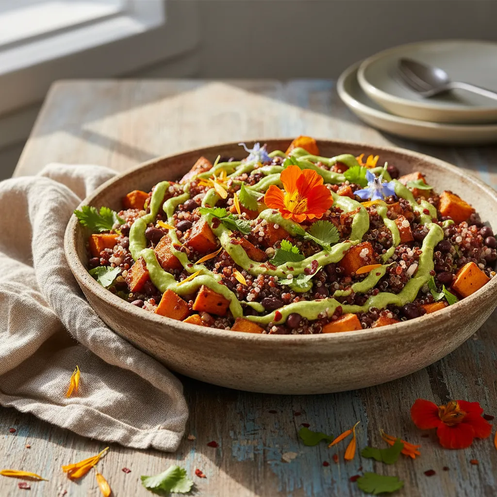 Spicy Sweet Potato and Edible Flower Quinoa Salad with Avocado Lime Drizzle