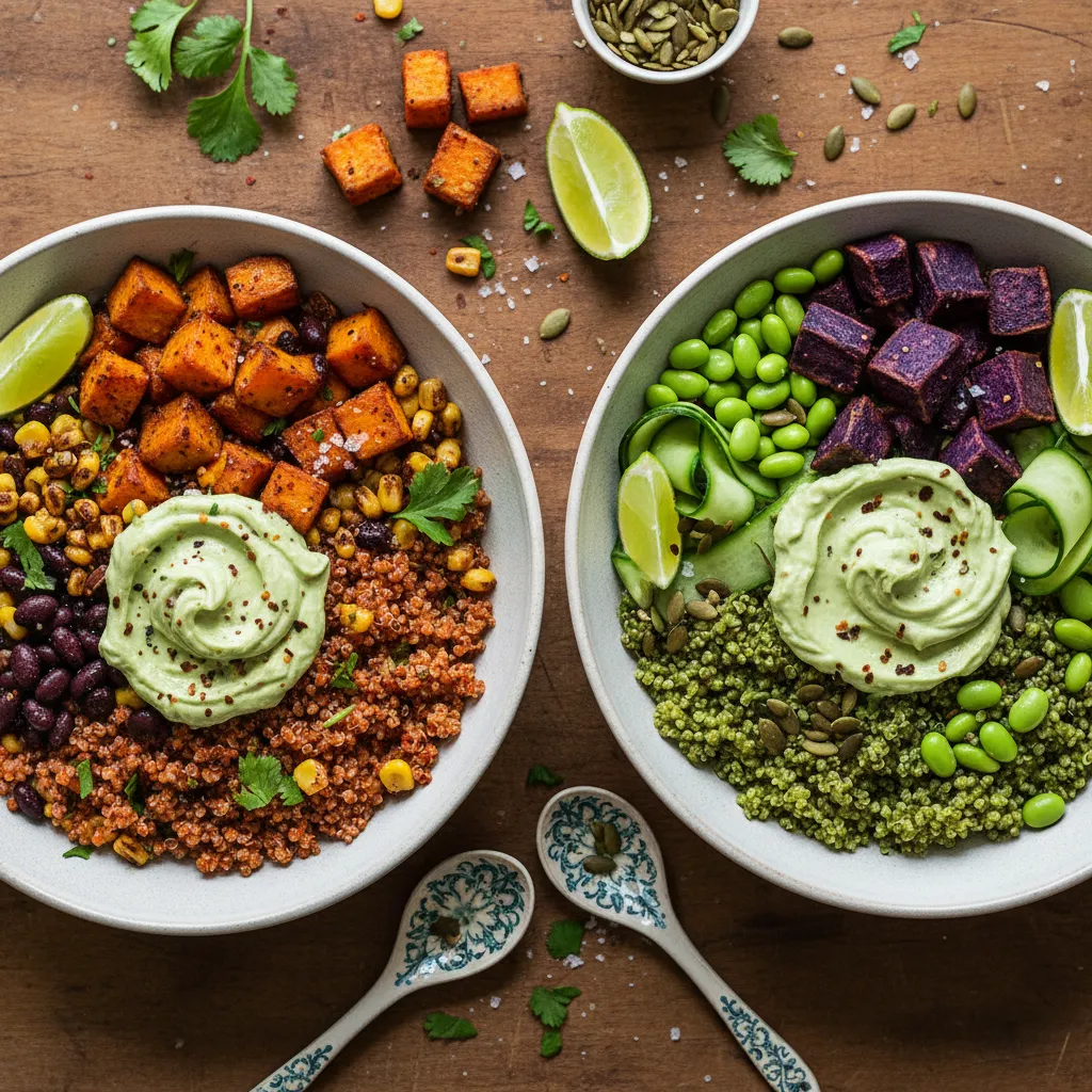 Spicy Sweet Potato and Matcha Quinoa Bowls with Avocado Lime Cream