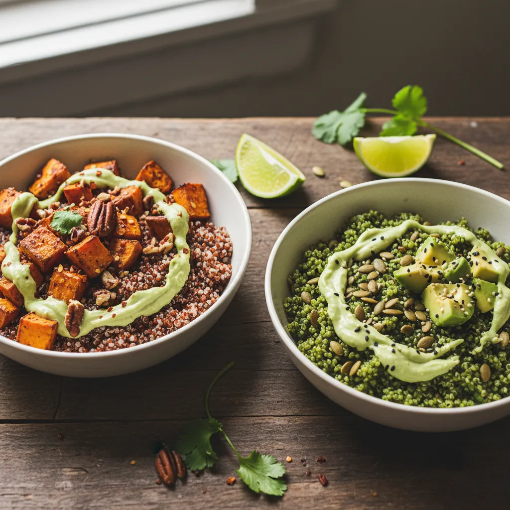 Spicy Sweet Potato and Matcha Quinoa Bowls with Avocado Lime Cream
