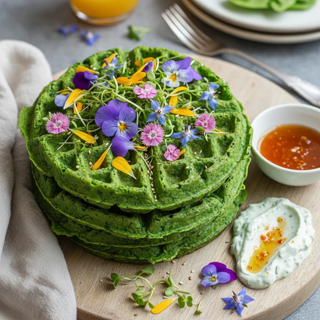 Spinach and Edible Flower Savory Waffles