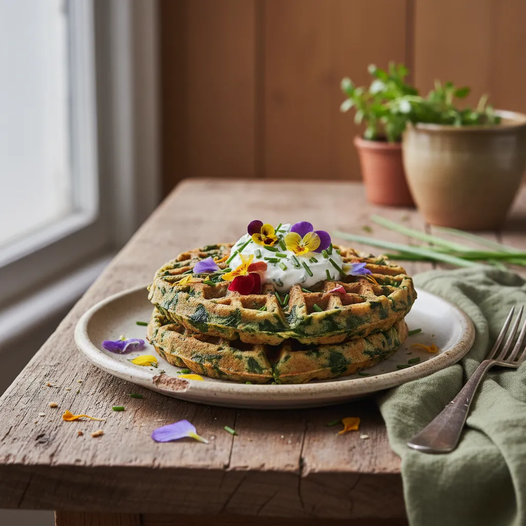 Spinach and Edible Flower Savory Waffles