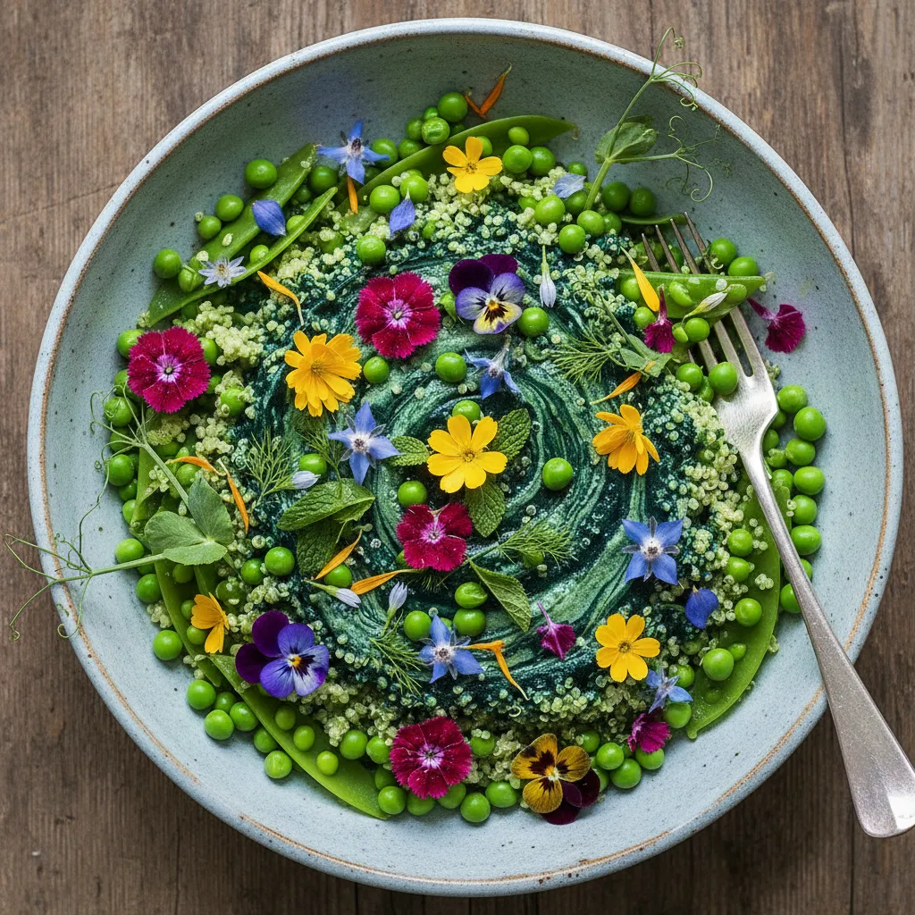 Spirulina-Infused Spring Pea and Edible Flower Quinoa Salad