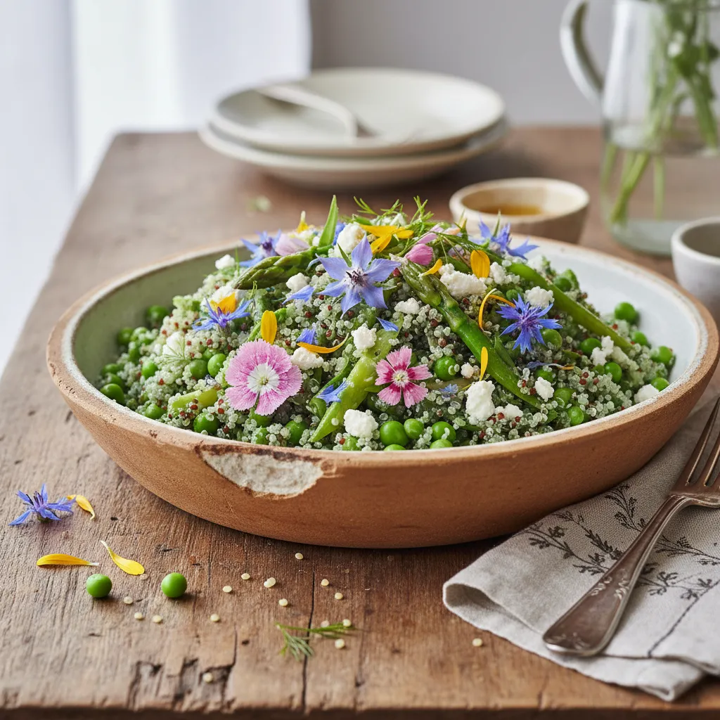 Spirulina-Infused Spring Pea and Edible Flower Quinoa Salad