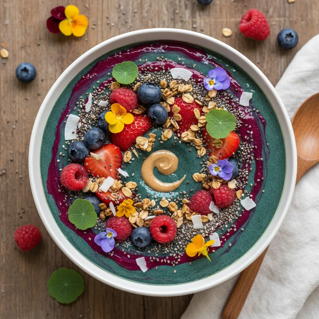Spirulina Berry Bliss Smoothie Bowl with Edible Flower Garnish