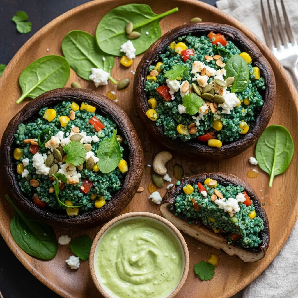 Spirulina Infused Vegan Stuffed Portobello Mushrooms